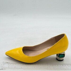 FSJ Yellow Bridal Pointed Toe Chunky Heel Crystal Pumps Slip on Wedding Shoes